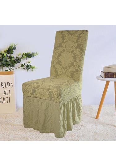 Şal Desen Jakarlı Etekli Sandalye Örtüsü, Kılıfı 6 Adet Bej Bej