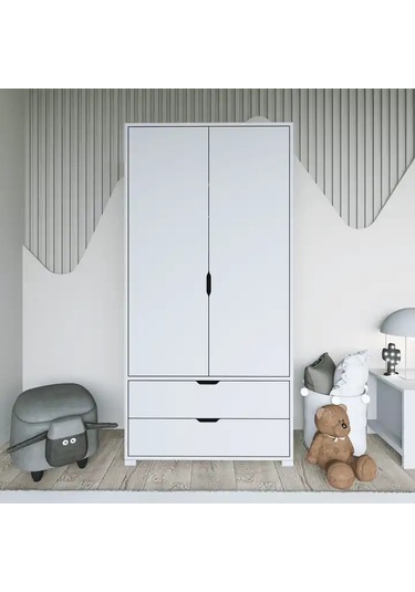 Duru 90 Cm Mat Beyaz 2 Kapılı 2 Çekmeceli Elbise Dolabı - Gardırop Beyaz
