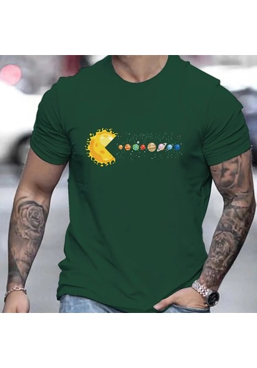 Guılan Erkek Gezegen Baskılı Pamuk Tişört - Yazlık Rahat Gündelik Üstgreen Green