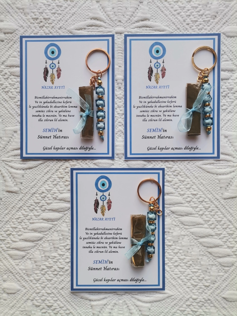 100 Adet Kişiye Özel Nazar Ayeti Sünnet Hatırası Dağıtmalık Hediyelik Mavi Renk Anahtarlık Ve Kına