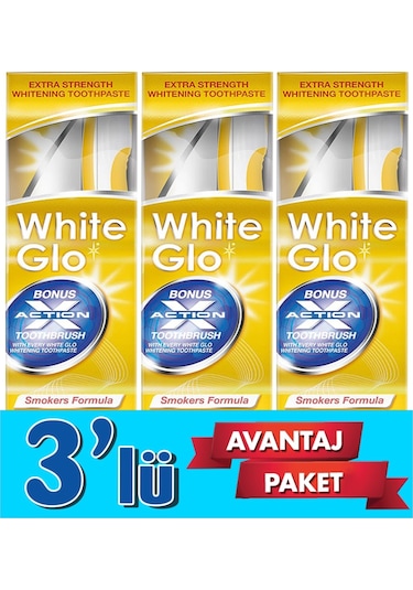 White Glo Sigara İçenlere Özel Beyazlatıcı Diş Macunu 150 G + Diş Fırçası x 3