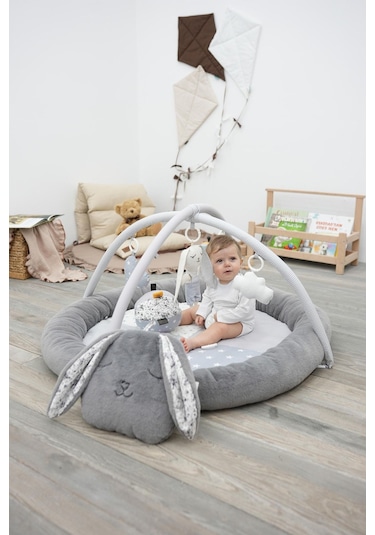 Mordesign Bebek Oyun Alanı, Tavşanlı Bebek Aktivite Matı, Yumuşak Oyun Matı, Baby Gym Serisi, Gri