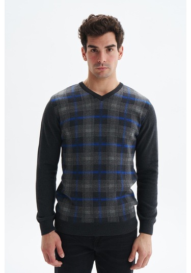 Arma Erkek Slim Fit Likralı Akrilik Kumaş V Yaka Kareli Kazak K0kro0860 Gri