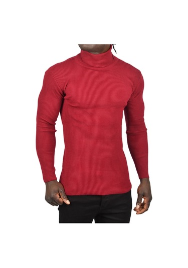 Deepsea Erkek Bordo İnce Fitilli Tam Boğazlı Balıkçı Yaka Tüylenmeyen Triko Kazak 2505498 Bordo