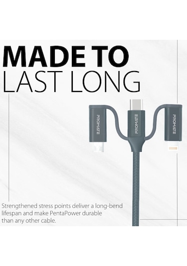 Promate Universal Lightning Type-C Micro-USB Şarj Kablosu Gri
