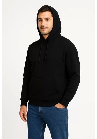 Erkek Üç İplik Kapüşonlu Kanguru Cepli Sweatshirt Hoodie - Siyah Siyah