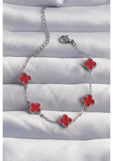 Ezoconcept 316l Çelik Baby Boy Gümüş Renk Kırmızı Mineli Yonca Bileklik 001