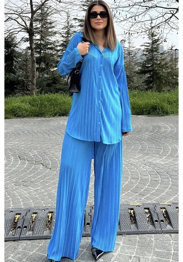 Kadın Mavi Uzun Tunik Gömlek & Beli Lastikli, Bol Paça Pantolon - Salaş Bürümcük Takım Mavi