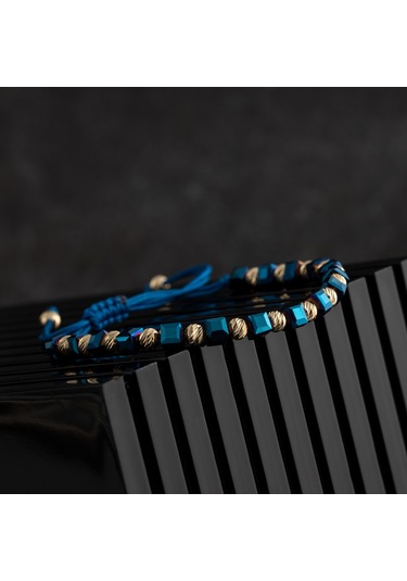 Cenovakuyumculuk 14 Ayar Altın Toplu Mavi Renk Küp Seramik Erkek Bileklik Sarı Altın