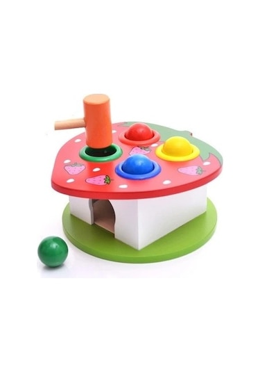 Ahşap Çilek 4'lü Top Tak Çıkar Çekiç Vurma Oyunu Yaratıcı Ahşap