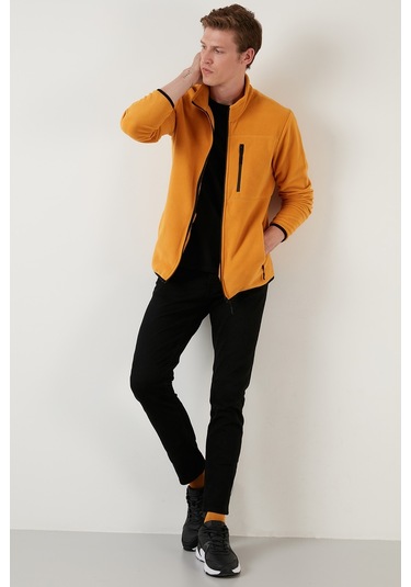 Buratti Slim Fit Fermuarlı Cepli Dik Yaka Polar Erkek Hırka 5906028 Hardal