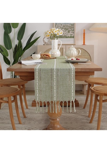 Yeşil Rustik Masa Koşucular, El Yapımı Püsküllü, Vintage Dokuma Pamuk Keten Masa Koşucu Uzun Parti Yemek Masası Dekorasyonu İçin 33 240