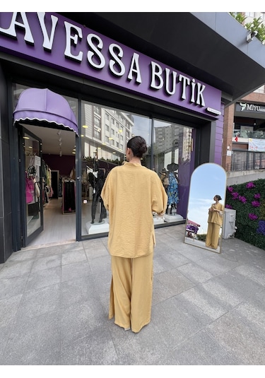 Kol Detaylı Salaş Keten Kimono Safran Sarısı-101 Bej