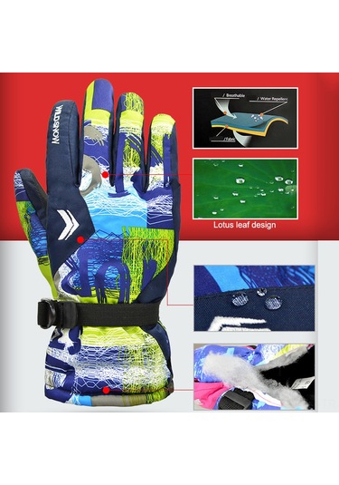 Geeroyoo Kışın Sıcak Tutan %100 Su Geçirmez Kayak Eldiveni - Mavi Desen, L Beden, Herkes İçin Uygun Mavi