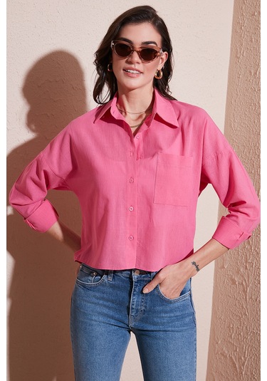 Lela Pamuk Ve Keten Karışımlı Regular Fit Önü Kısa Arkası Uzun Bayan Gömlek 6772867 Fuşya