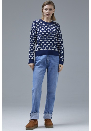 Kalp Desenli Sıfır Yaka Triko Kazak - Lacivert 001