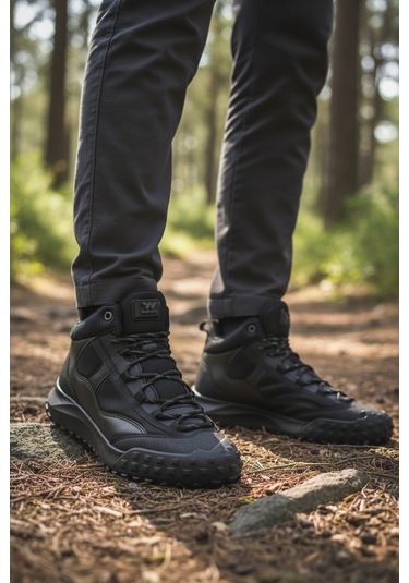 Siyah Bağcıklı Kaymaz Taban Erkek Outdoor Ayakkabı Mün 2025 M Siyah