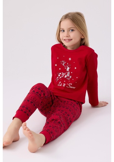 Arnetta 3106 Let İt Snow Kız Çocuk Kırmızı Uzun Kol Pijama Takım Kırmızı
