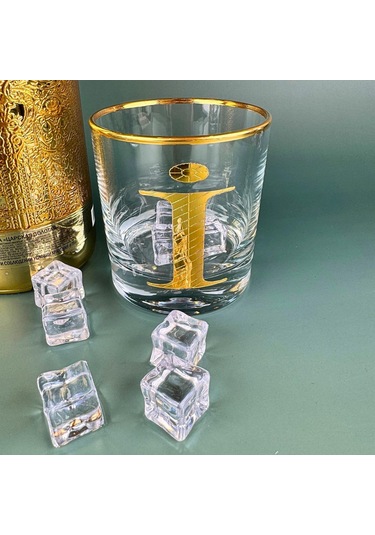 Perlotus İ Harfli Gold Altın Yaldızlı Viski Kadeh Bardak Jumbo Serisi Şeffaf