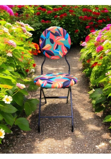 Katlanabilir Renkli Yaprak Desenli Metal Sandalye Siyah