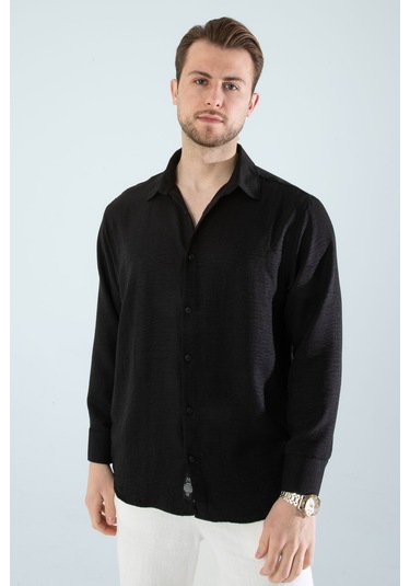 Rahat Kesim Keten Dokulu Gömlek Siyah