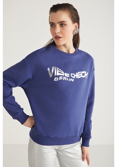 Ethıquet Clover Kadın Bisiklet Yaka Varak Baskı Detaylı Lacivert Sweatshirt