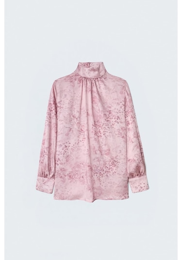 Sateen Desenli Uzun Kollu Bluz - Pembe-137491
