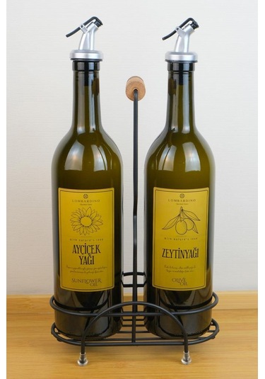 Digithome Petra 2'li Siyah Metal Standlı Ahşap Saplı Yağdanlık Seti Gold Etiketli Amber Yağlık 750 Ml