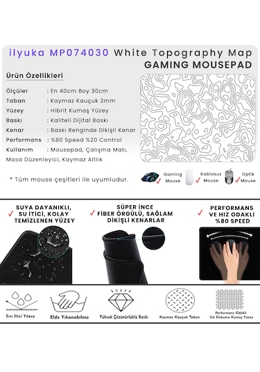40x30cm Gaming Oyuncu Mousepad White Topography Map Mp074030