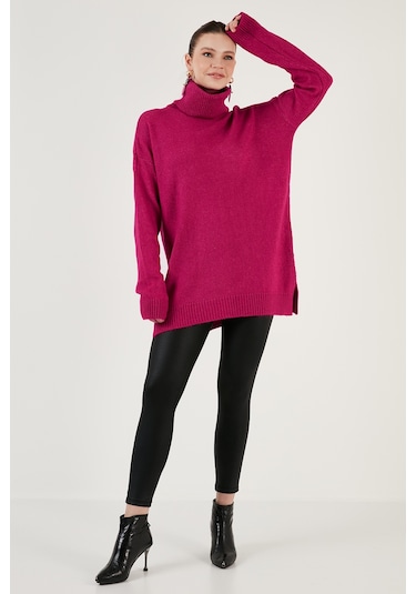 Lela Regular Fit Yanları Yırtmaçlı Boğazlı Yaka Uzun Triko Bayan Kazak 4616141Y Fuşya