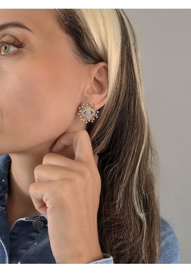 Güneş Göz Figür Nazar Altın Kaplama Çelik Küpe Gold