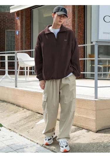 Genıus Store Erkek Polar Oversize Sweatshirt Polar Sweatshirt Kahverengi