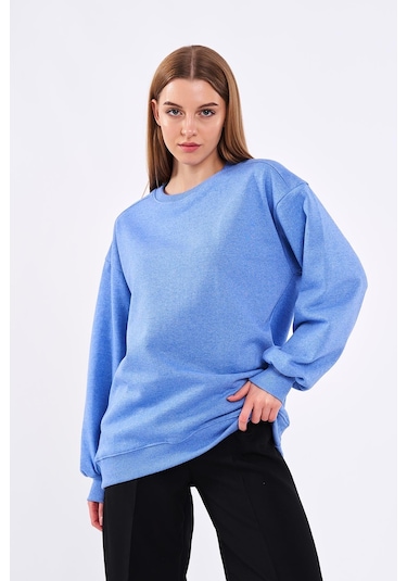 Comeor Mavi Kadın Pamuklu Oversize Basic Bisiklet Yaka Sweatshirt 001