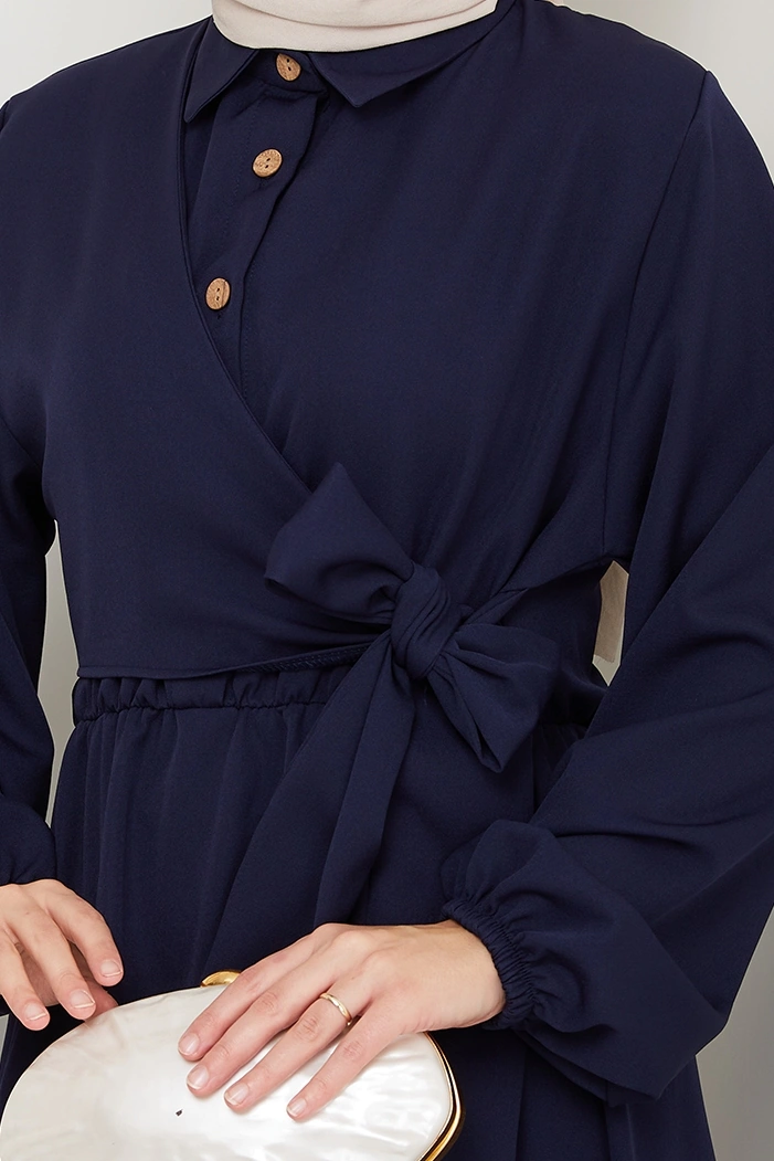 Çapraz Bağlamalı Gömlek Yaka Elbise 1636 - Lacivert Lacivert