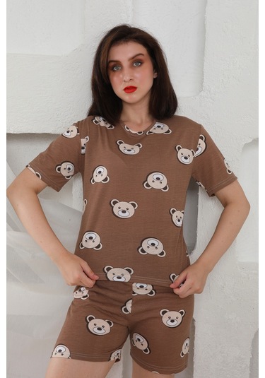 Fames Pijama Yazlık Desenli Loose Crop Şortlu Pijama Takım Kahverengi