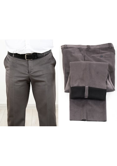 Neowit Erkek İçi Polarlı Yan Cep Klasik Kesim Kadife Pantolon Gri Melanj