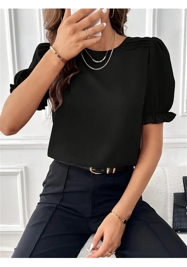 Pazarella Kadın Kısa Kollu Bisiklet Yaka Kolları Gipeli Ithal Krep Bluz Siyah