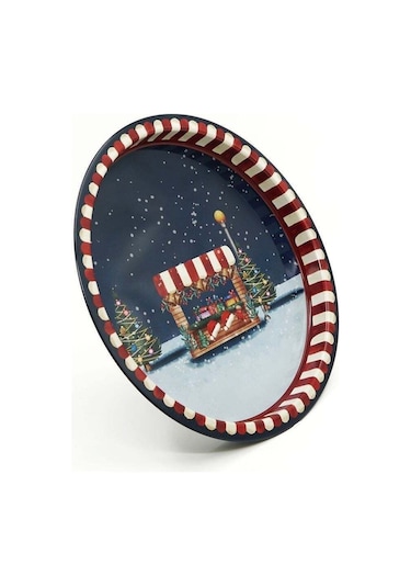 Winter Desenli Yuvarlak Metal Tepsi, 31,5 Cm
