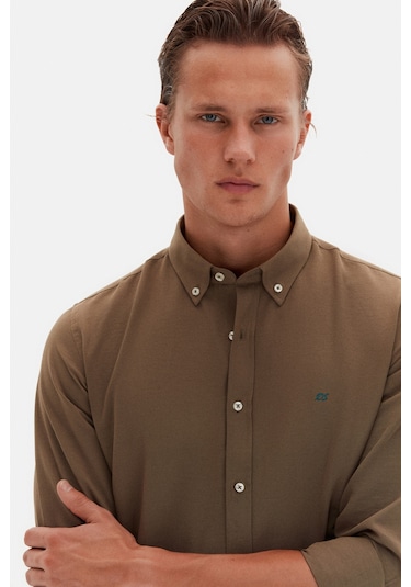 Ds Damat Slim Fit Haki Oxford Düğmeli Yaka Kolay Ütülenebilir Nakış Detaylı Pamuklu Gömlek 4HC02ORT03265 Haki