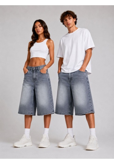 St.poll Eskitme Yıkama Unisex Baggy Denim Şort Gri