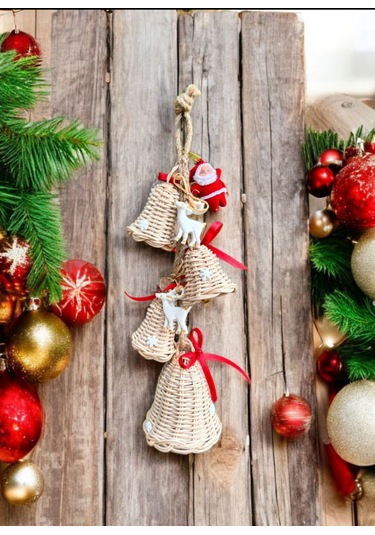 Bambu 4'lü Noel Çanı,geyik Noel Baba Arajmanlı Kapı Duvar Dekoru 33cm