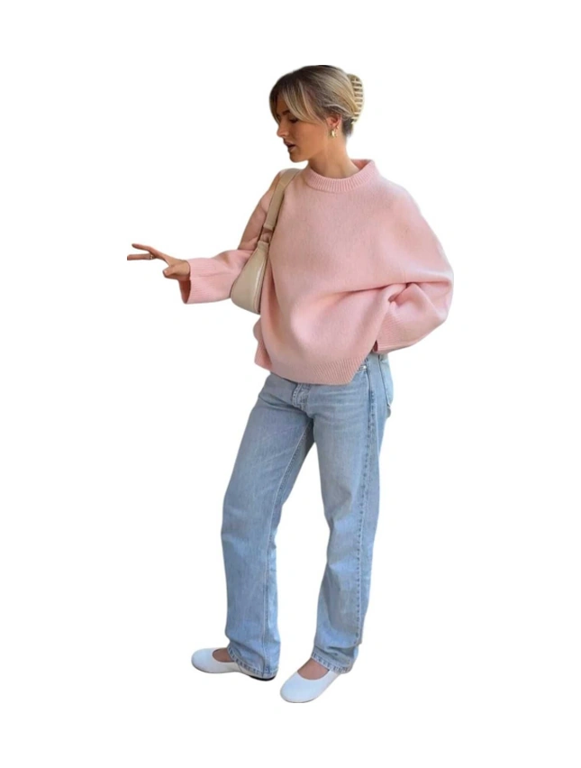 Kozia Outdoors Pembe Bisiklet Yaka Oversize Triko Kazak Pembe