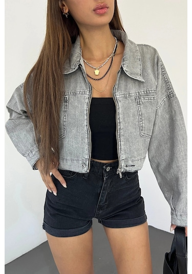 Gri Çift Cepli Fermuarlı Yıkamalı Crop Denim Ceket Bcdf-235410 Çok Renkli