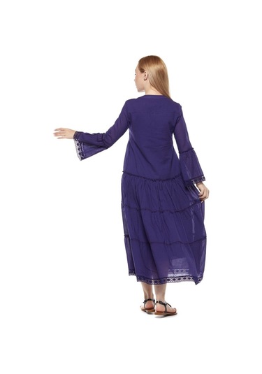 Uzun Kollu Mor Düğmeli Vual Yazlık Uzun Elbise