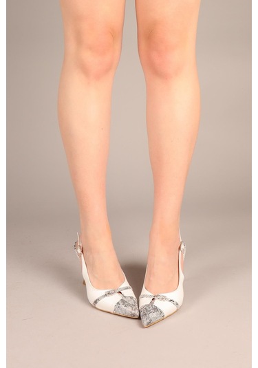 Parla Yılan Garnili Arkası Açık Topuklu Ayakkabı Beyaz-7912 Beyaz