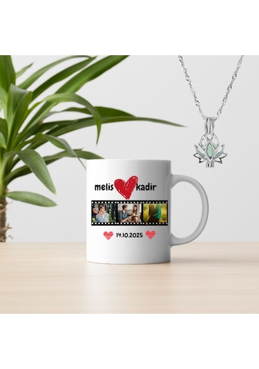 Kişiye Özel Film Şeridi Fotoğraflı Sevgili Kupası Ve Gece Parlayan Lotus Kolye Hediyelik Seti