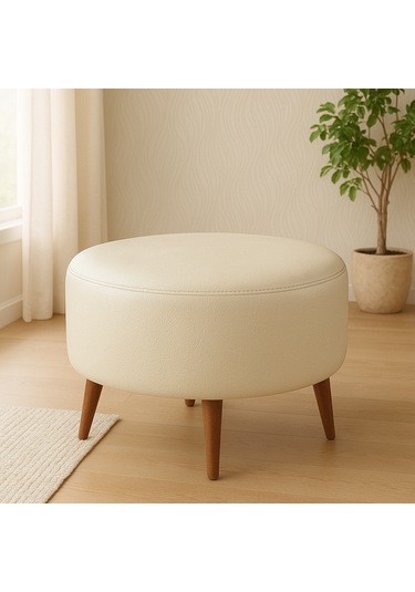Large Büyük Yuvarlak Modern Puf - 60 Cm - Deri Kumaş - Krem