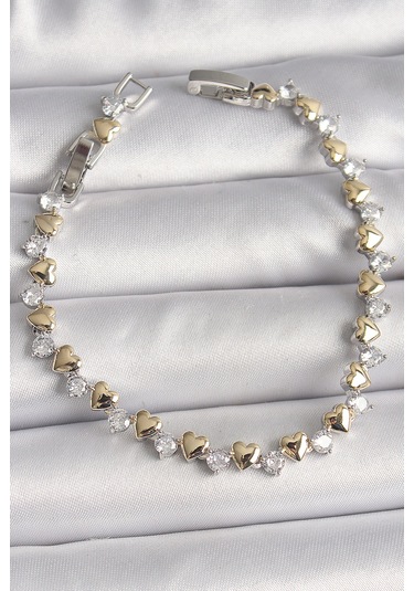 Pirinç Gümüş Renk Zirkon Taşlı Gold Kalpli Vıp Seri Kadın Bileklik - Tj-bb6714 Gümüş