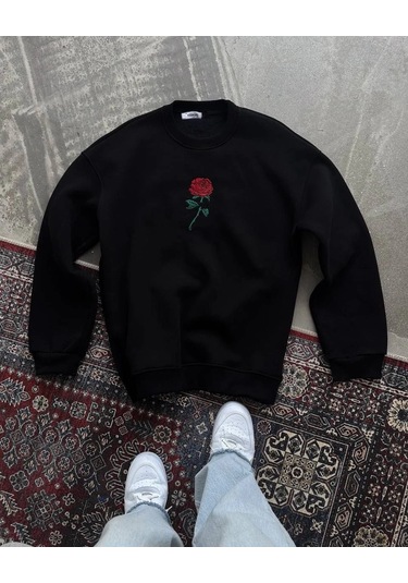 Oversize Üç İplik Bisiklet Yaka Baskılı Sweatshirt - Siyah Siyah