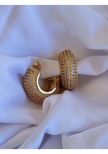 Yarım Halka Boru Model Full Taşlı Elegant Altın Kaplama Gold Renkli Çelik Küpe Gold